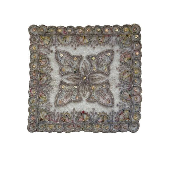 Vintage Beaded Embroidered Textile Panel Zardozi Style India Appliqué Art Decor - Picture 5 of 5